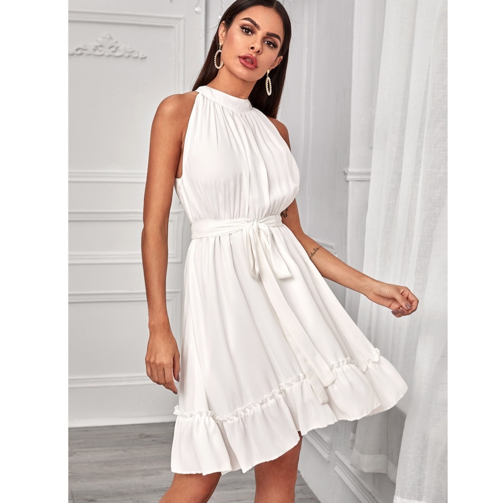 White Chiffon Flared Belted Mini Dress - Picture 3 of 9